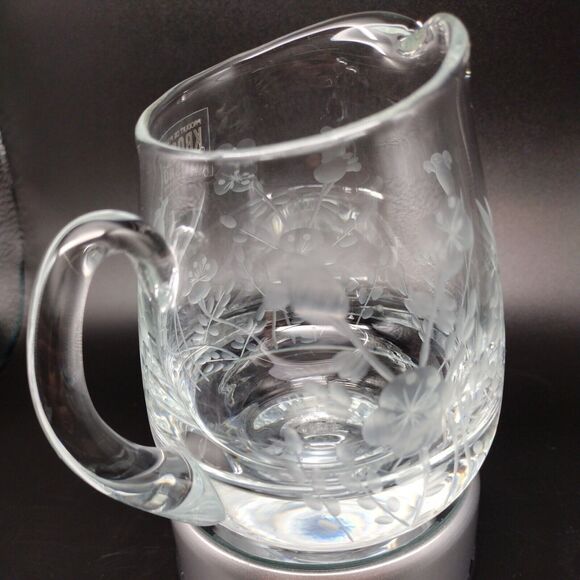 Krosno Hand Blown Etched Glass Creamer Applied Handle Floral Design Poland - Picture 5 of 10